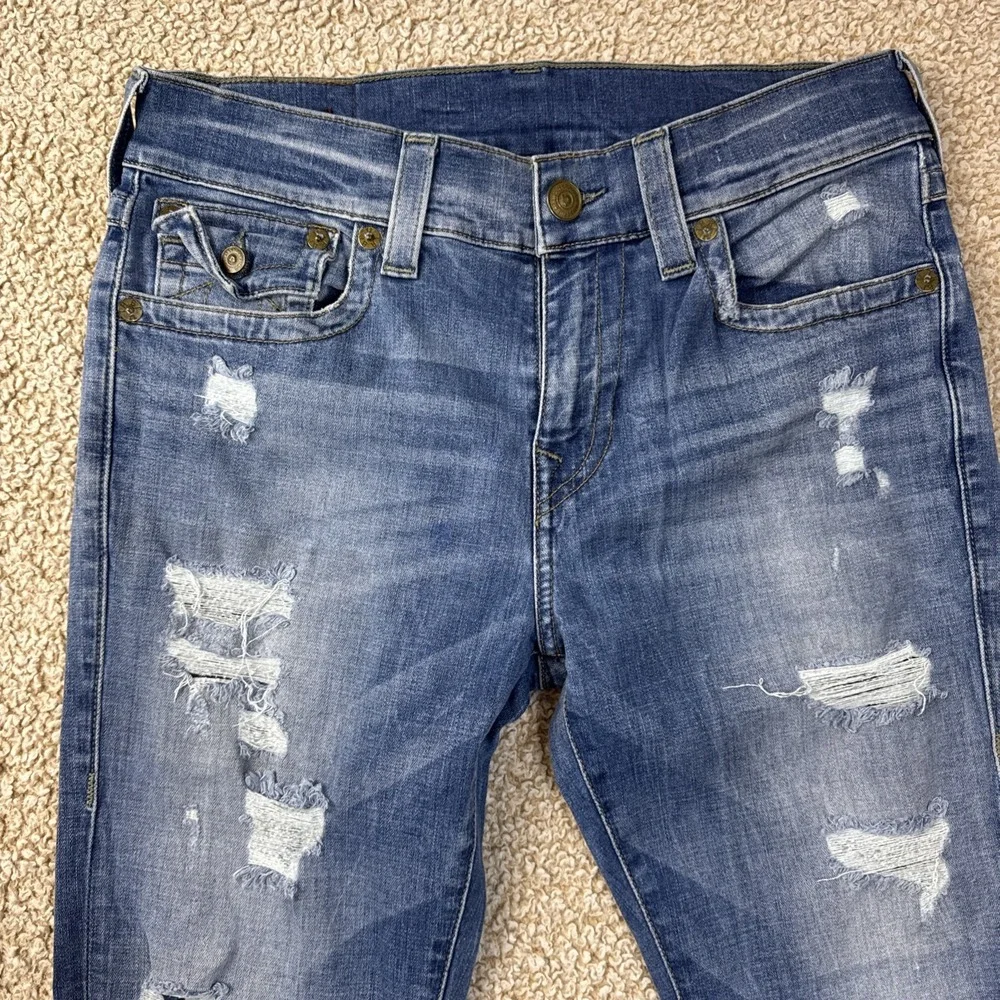 True Religion Jeans Mens 31x33 Blue ROCCO Relaxed Skinny Whiskered Distressed